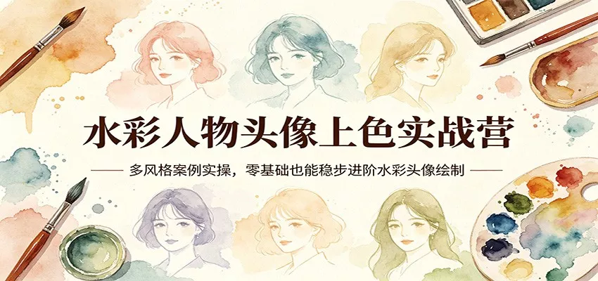 水彩人物头像上色实战营：多风格案例实操，零基础也能稳步进阶水彩头像绘制 - 项目资源网